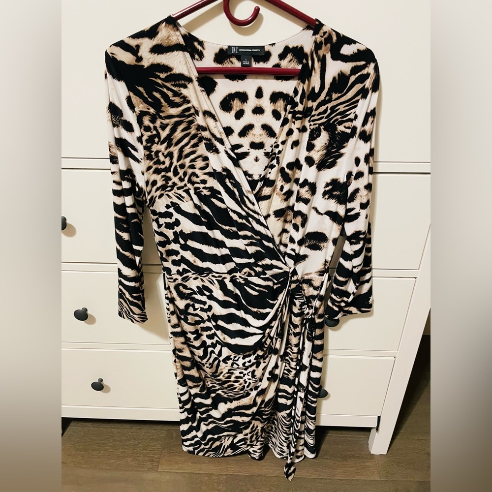 INC International Concepts Black and Cream Animal Print Dress